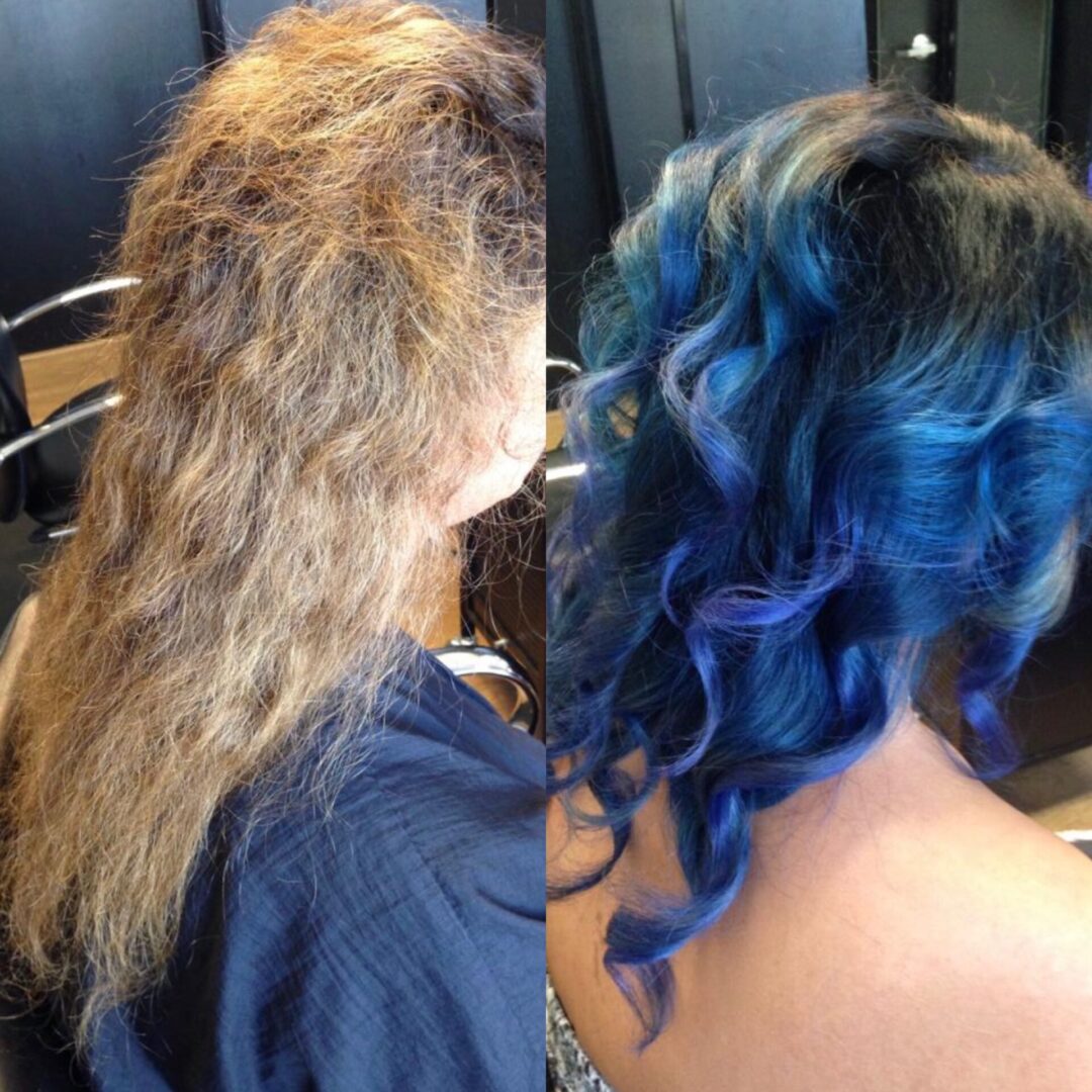A before and after picture of a woman with blue hair.