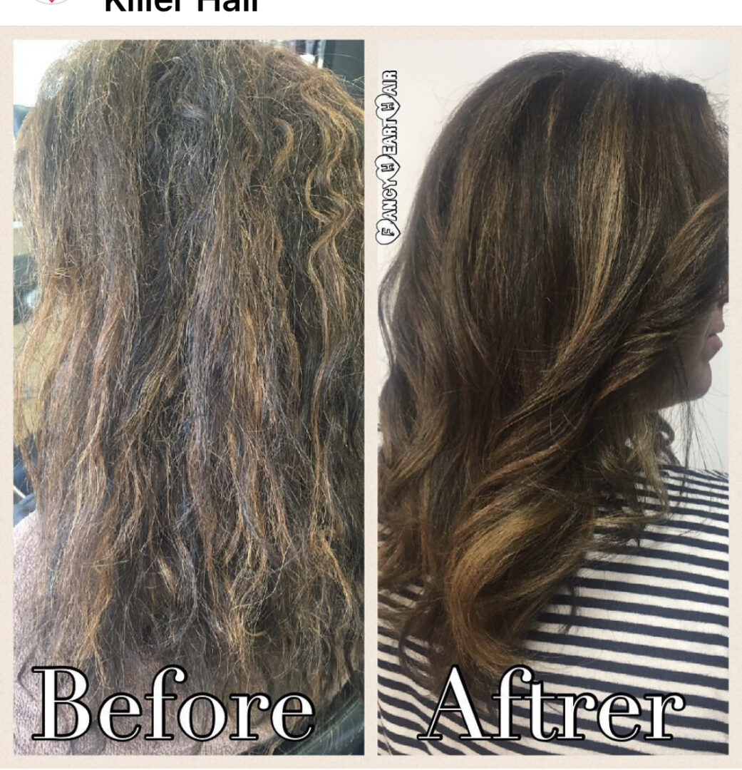 A before and after picture of a woman 's hair.