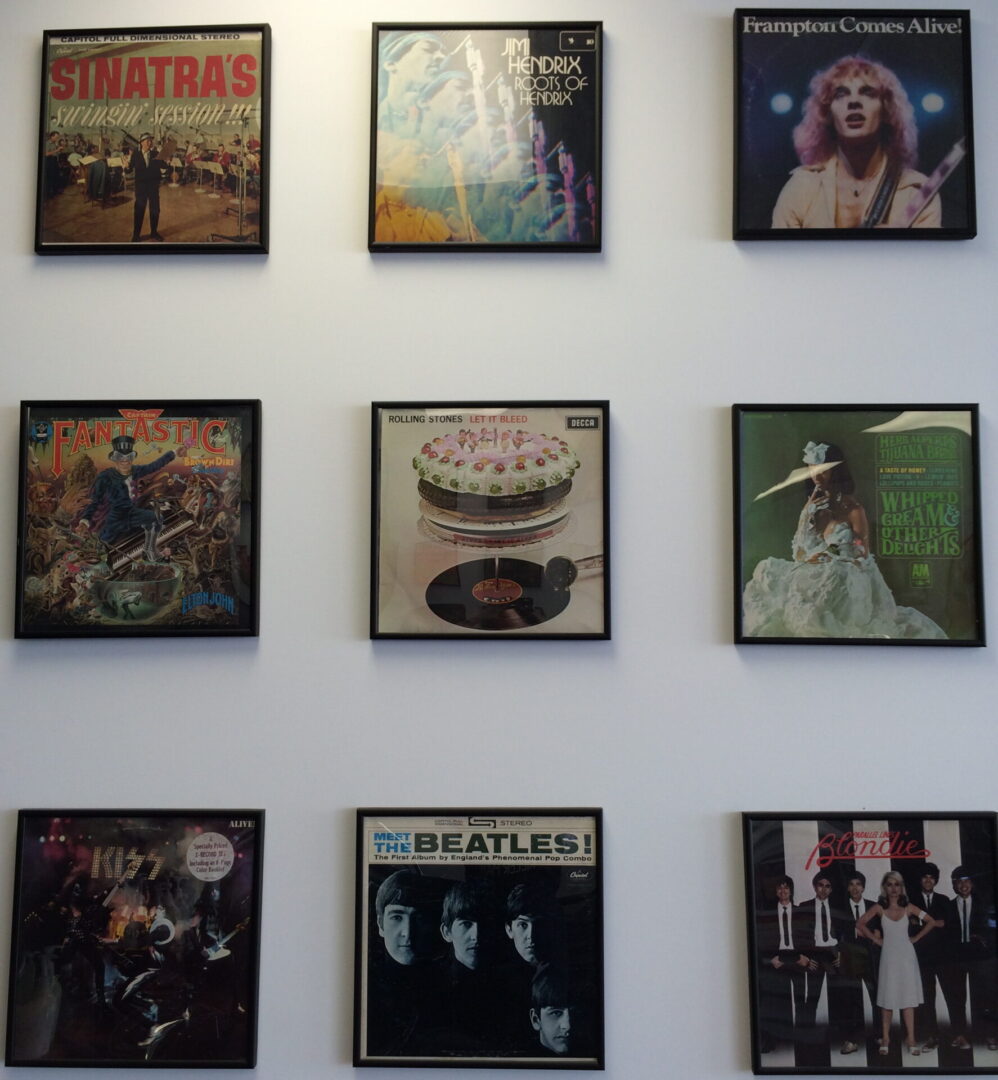 A wall with nine different records on it.