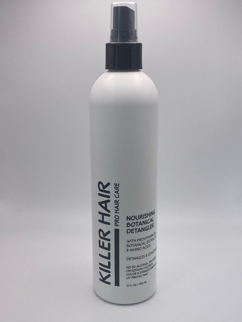 A bottle of hair conditioner is shown.