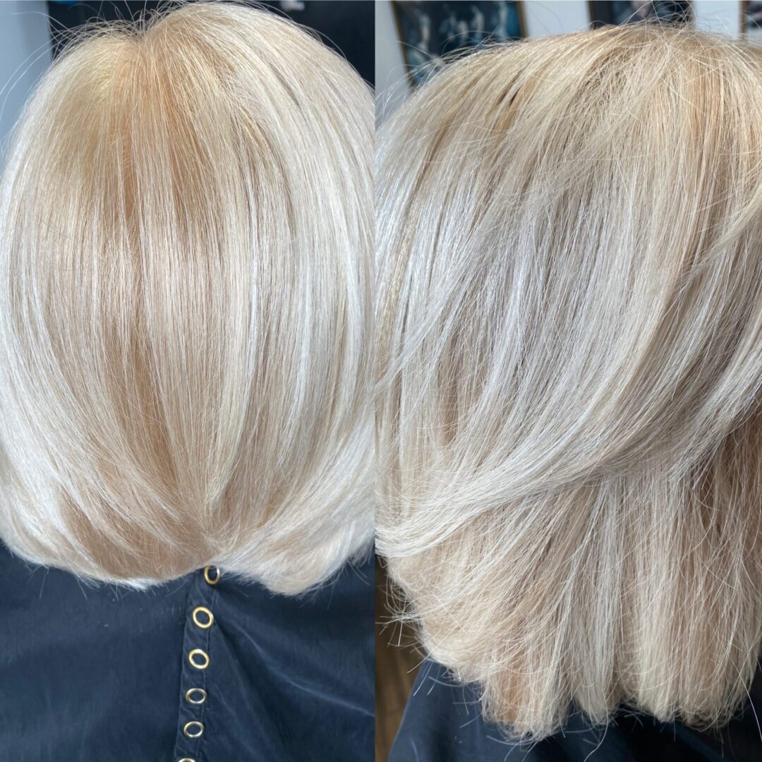 A blonde hair color is shown with and without the highlights.