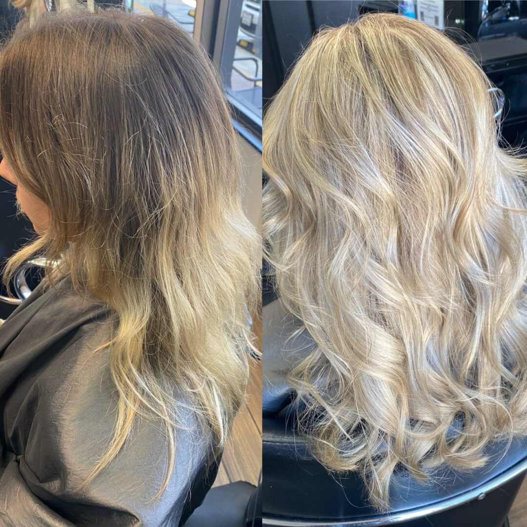 A before and after picture of hair extensions